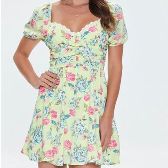 NWT Forever 21 Floral Print Mini Dress Green and Pink - Picture 1 of 7